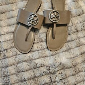 Tory Burch Tan Sandals with Silver Emblem
